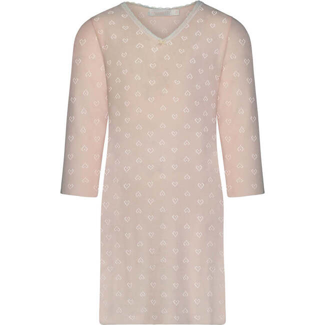 Girls Gown V Neck Long Sleeve, Pink Blush Hearts Pointelle