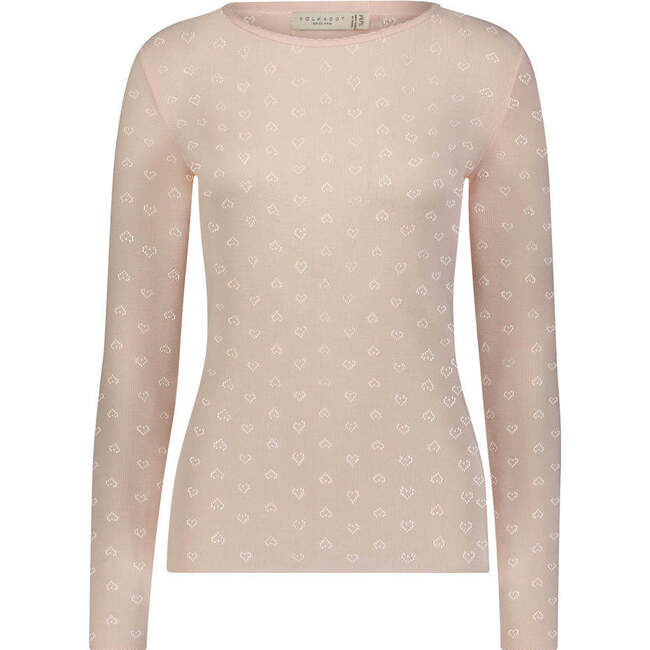Women's Val Fitted Crew Long Sleeve, Pink Blush Hearts Pointelle