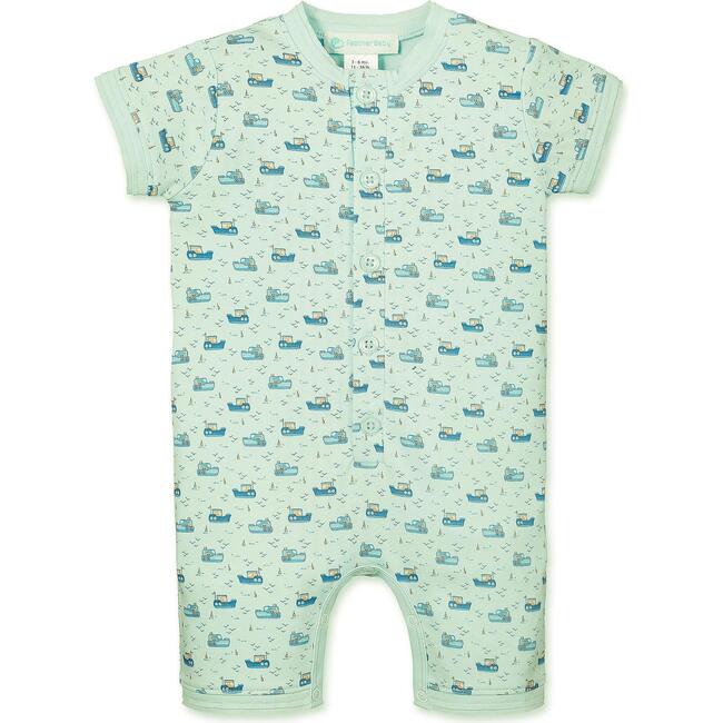 Henley Romper, Tugboats on Aqua - Rompers - 1