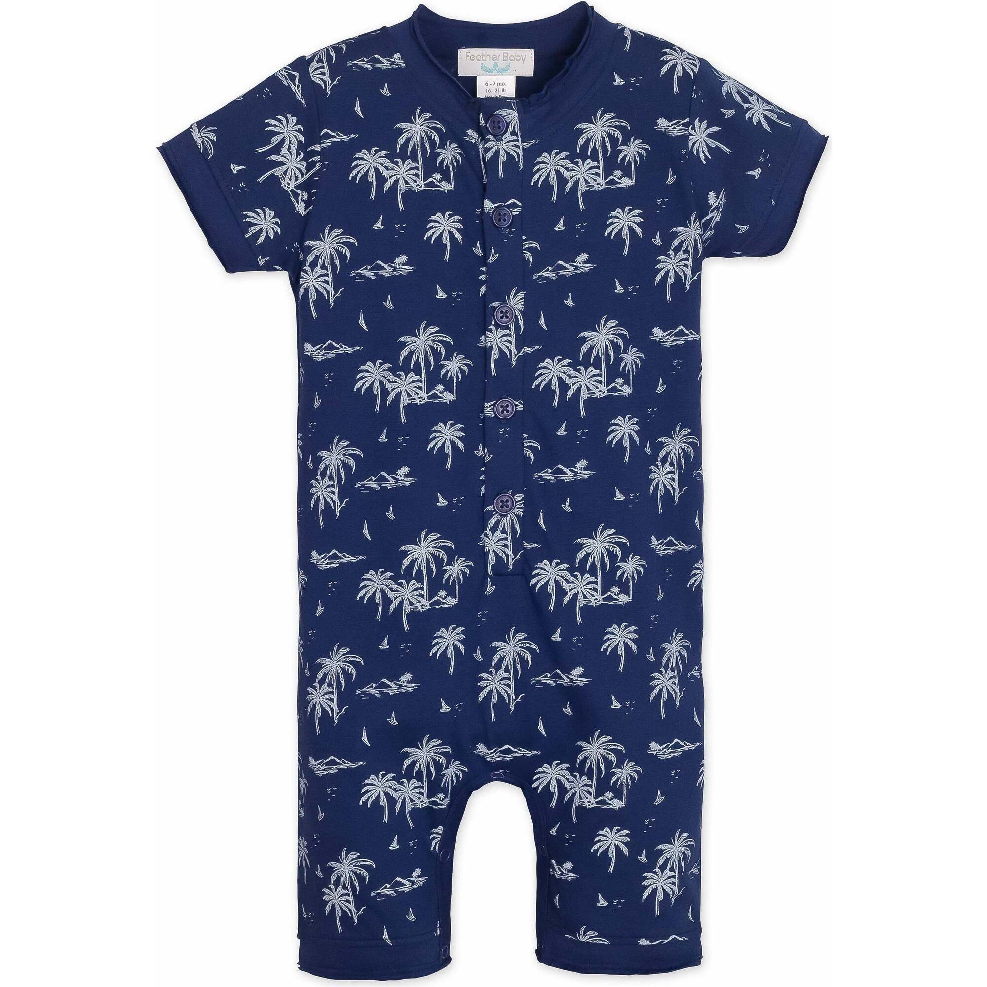 Henley Romper, Vintage Hawaii, White on Indigo - Rompers - 1