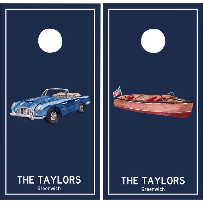 Luxury Teak Speedboat And Sports Car Personalized Cornhole Board Set