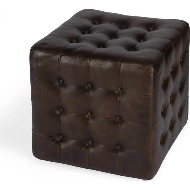 Leon Button-Tufted Leather Ottoman, Chocolate - Ottomans - 1