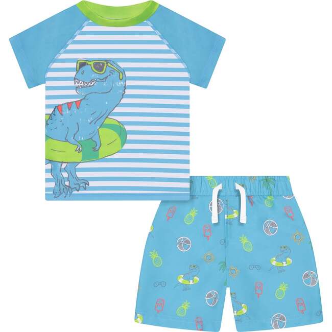 Striped Dino Rashguard and Swim Trunk Set, Turquoise