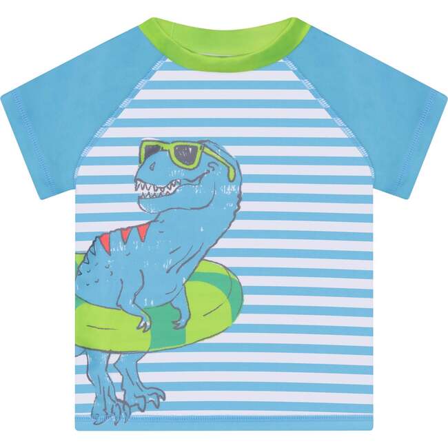Striped Dino Rashguard and Swim Trunk Set, Turquoise