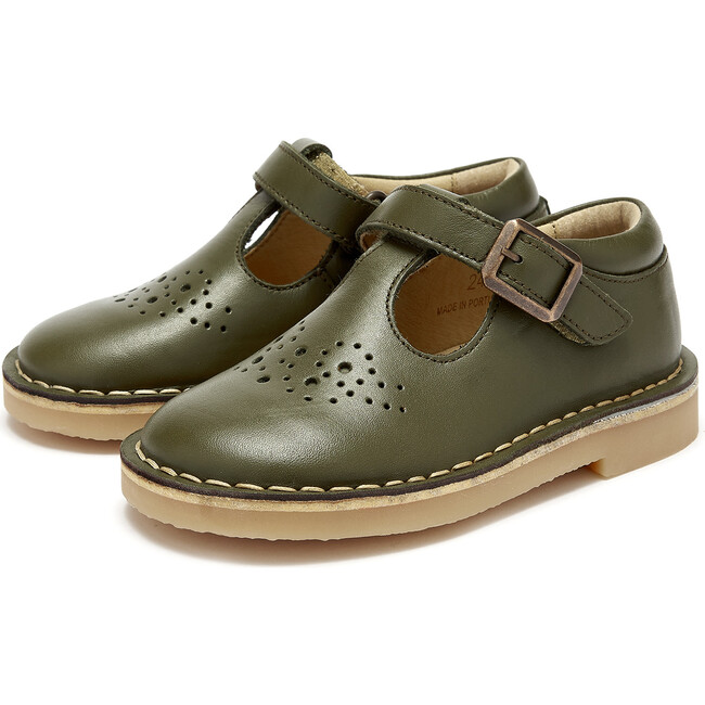 Penny Velcro T-Bar Shoe, Olive Leather