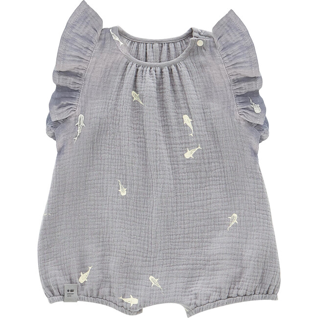 Gauze Bubble Romper with Print, Grey