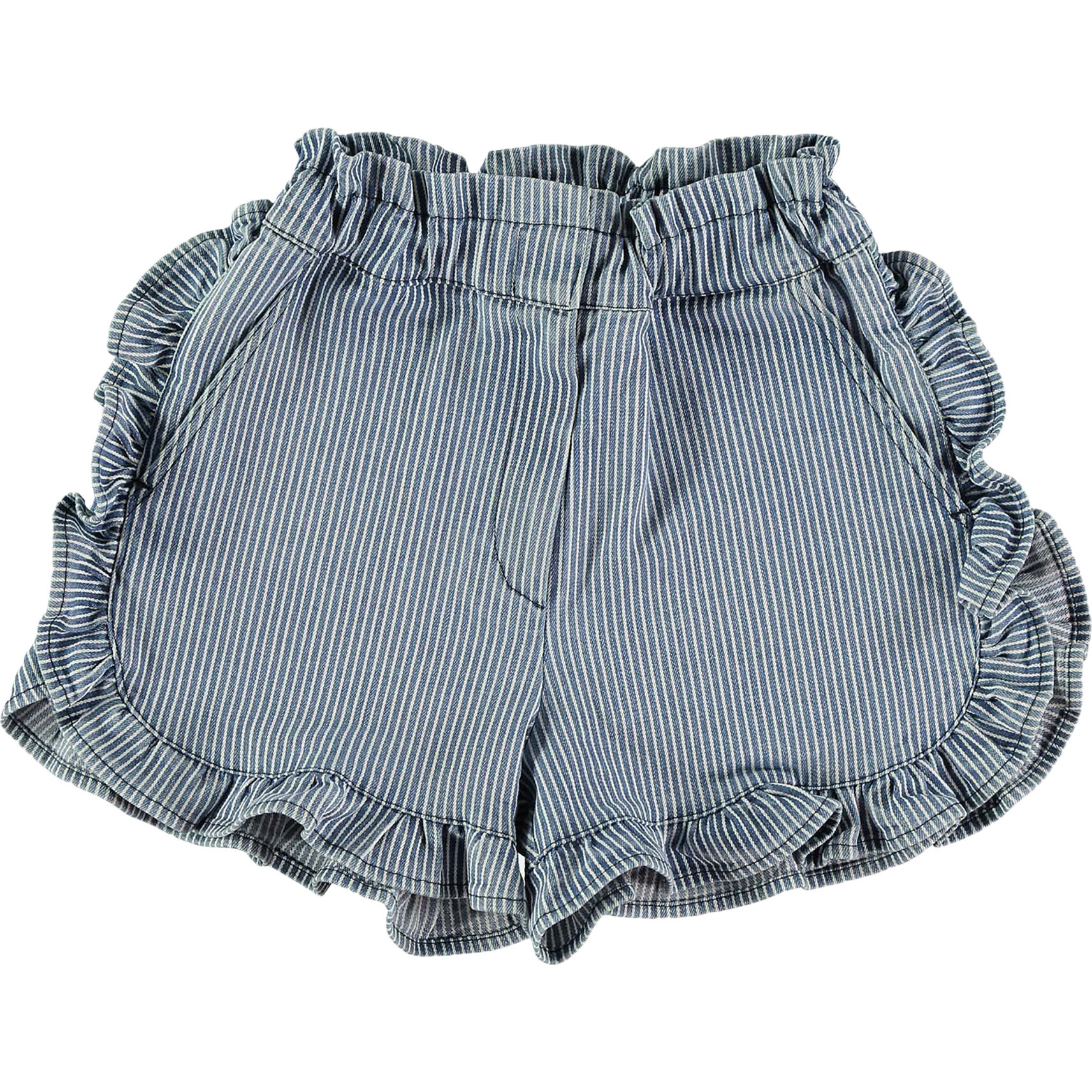 Striped Denim Frills Shorts, Blue - Shorts - 1