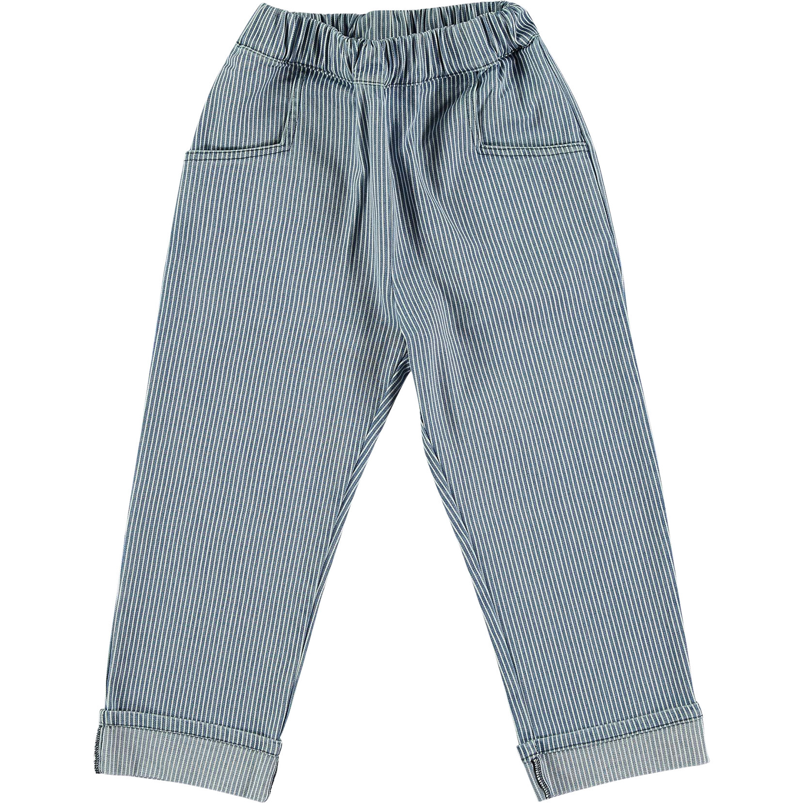 Striped Denim Trousers, Blue - Pants - 1