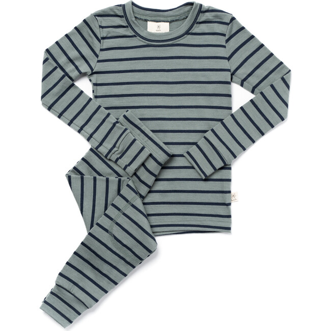 Merino Wool Long Johns, Agave with Navy Stripe - Loungewear - 1
