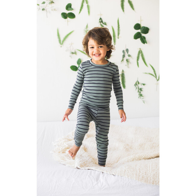 Merino Wool Long Johns, Agave with Navy Stripe - Loungewear - 2
