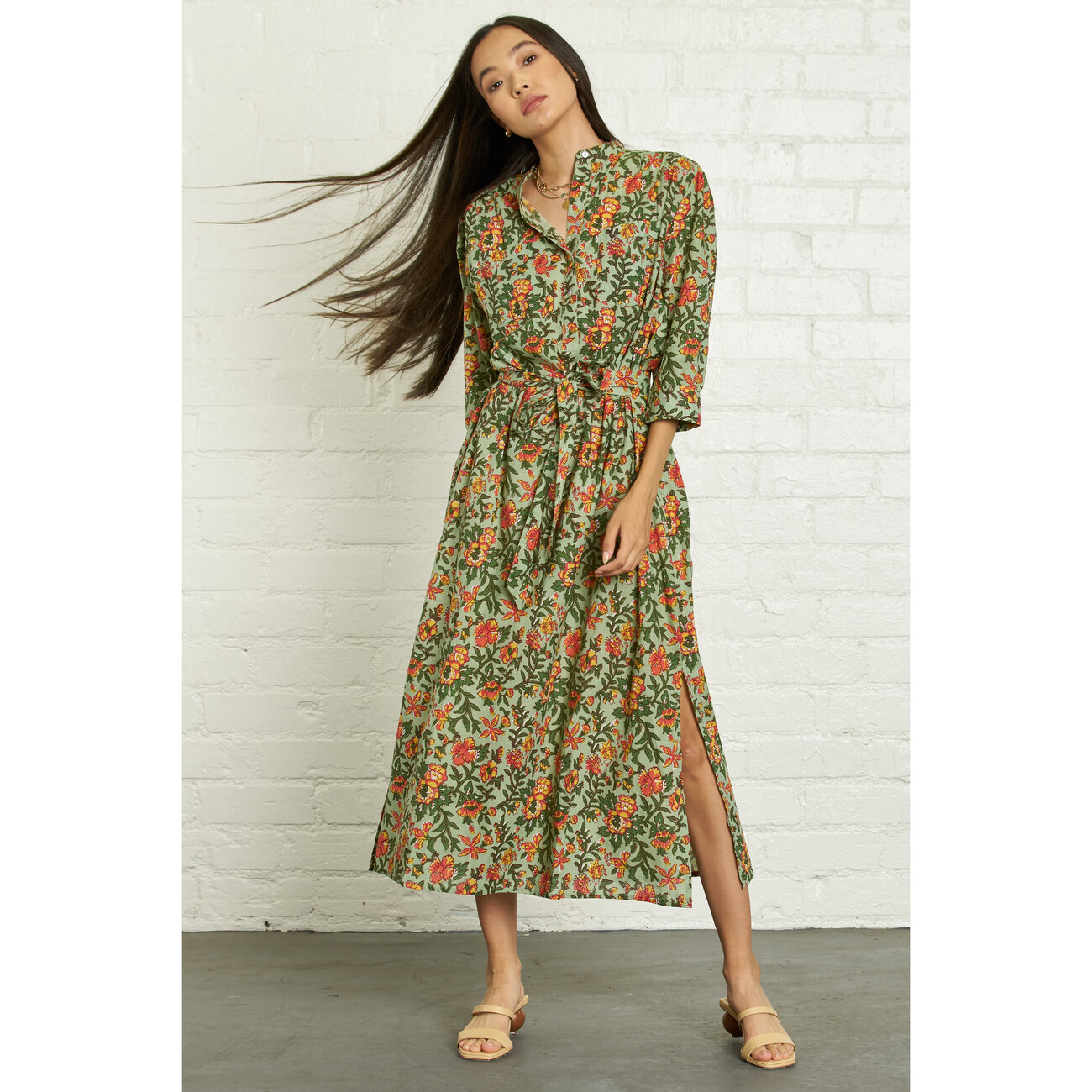 j jill green dress CLEMENTINE shirtdress Daffodils Pink and Green – Lesley Evers
