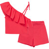 One Shoulder Top & Short Set, Pink - Shirts - 1 - thumbnail