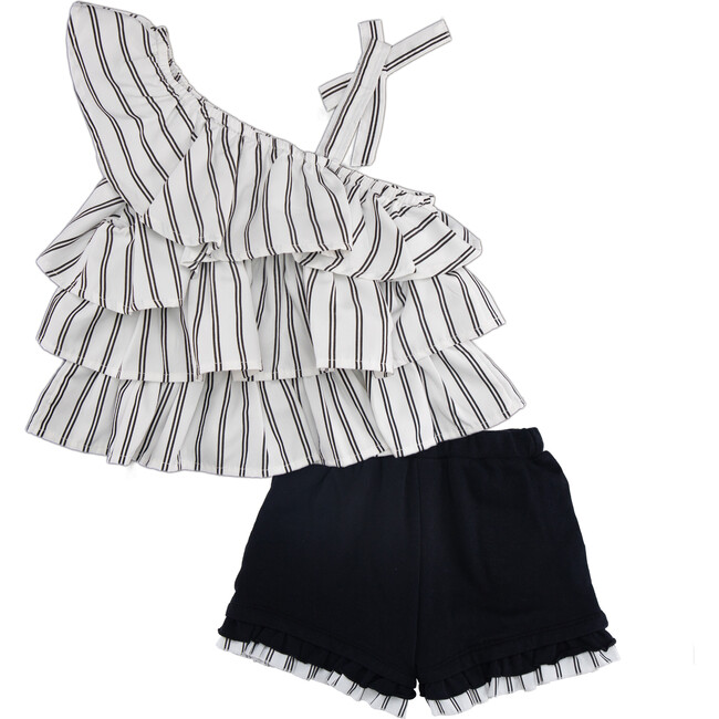 One-Shoulder Top & Short Set, White - Mixed Apparel Set - 2