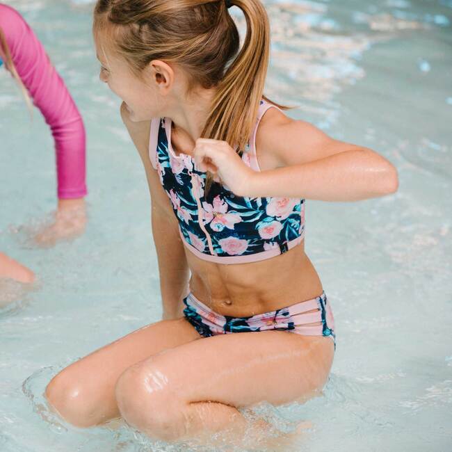 Two Piece Floral Rose Print Swimsuit, Navy Floral Print - Two Pieces - 2