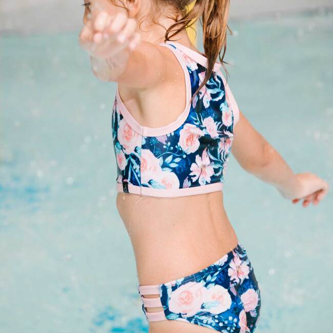 Two Piece Floral Rose Print Swimsuit, Navy Floral Print - Two Pieces - 3