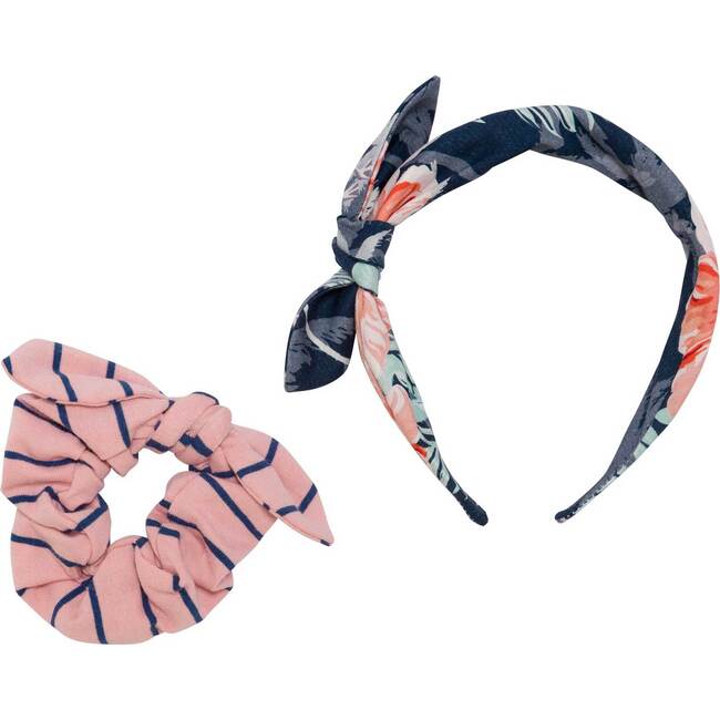 Printed Scrunchy And Headband Set, Indigo Flamingo Palm Tree - Bows - 1