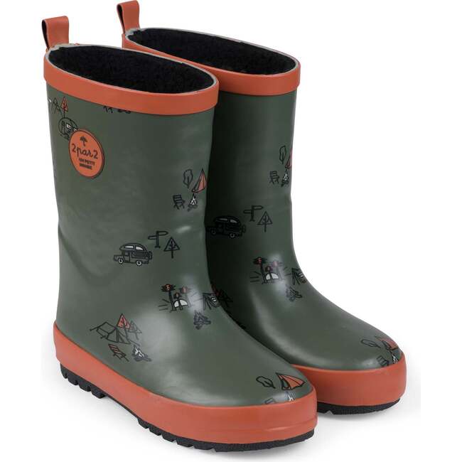 Printed Rain Boots Lined With Fine Plush Khaki Green Camping, Khaki Green Camping Print