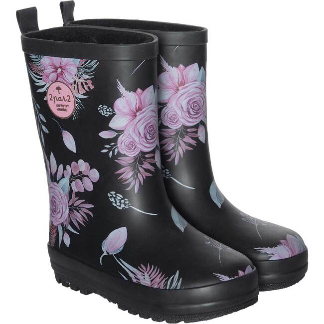 Printed Rain Boots Lined With Fine Plush Black Roses, Black Roses Print - Boots - 1