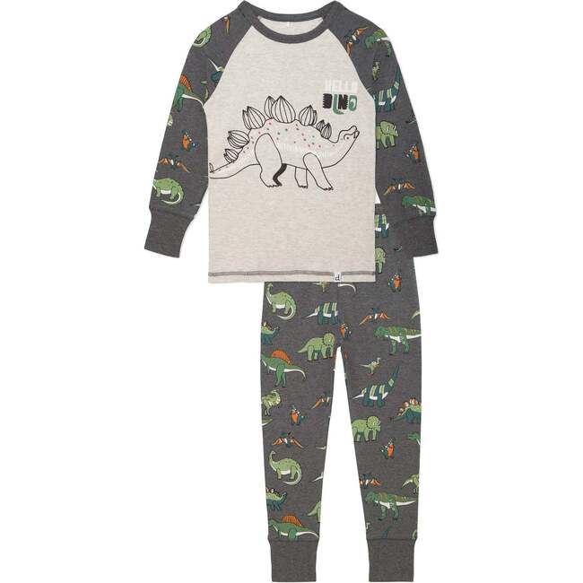 Organic Cotton Two Piece Pajama Set Dark Grey Mix, Dark Grey Mix Dino Print - Pajamas - 1