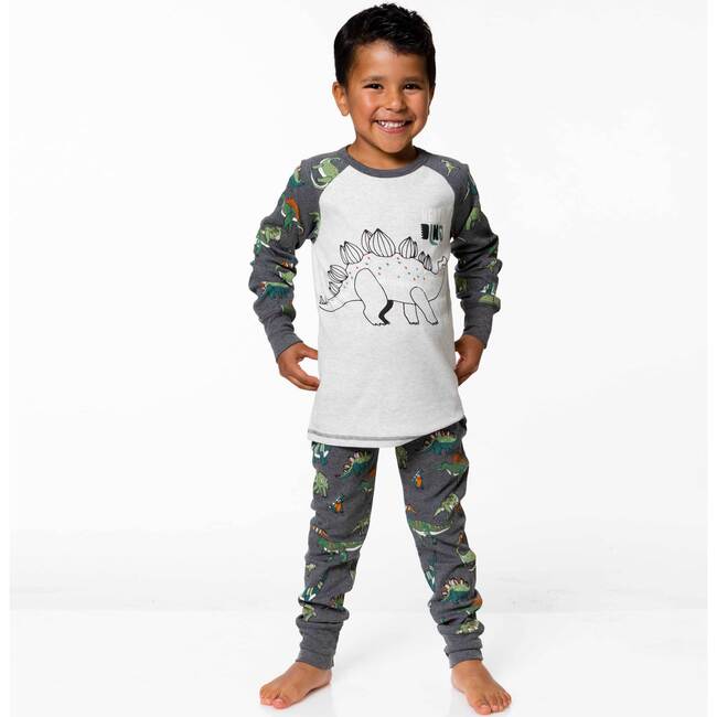 Organic Cotton Two Piece Pajama Set Dark Grey Mix, Dark Grey Mix Dino Print - Pajamas - 3