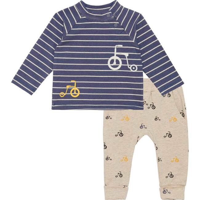 Organic Cotton Stripe Top And Evolutive Pant Set, Stripe Blue & Oatmeal Bike