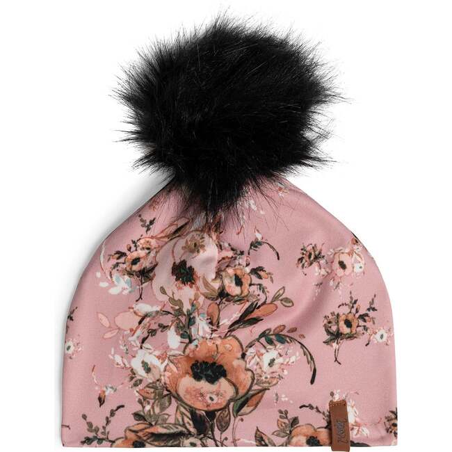 Detachable Pompom Beanie Hat Pink Vintage Flowers, Pink Vintage Flowers Print