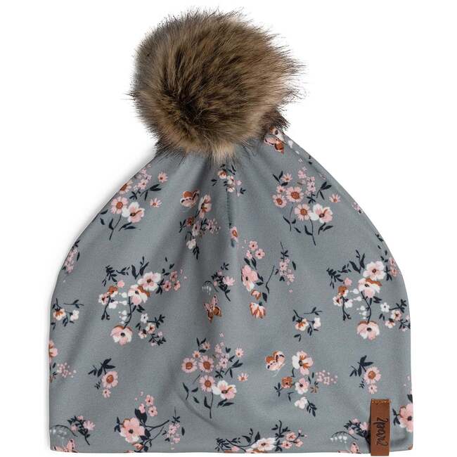 Detachable Pompom Beanie Hat Chinois Green, Chinois Green Mini Flowers Print