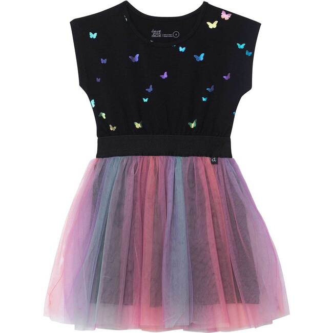 Dress With Rainbow Mesh Skirt, Black With Foil Butterflies