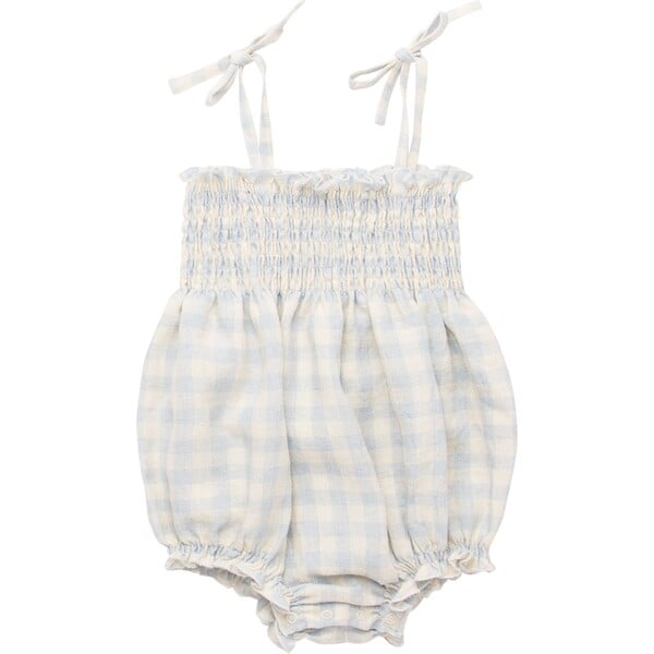 Dominos Romper, Powder Blue Check Linen - Nellie Quats