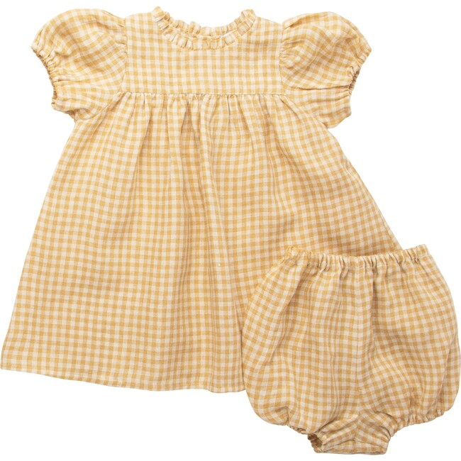 Cats Cradle Dress and Skipping Bloomer Set, Hay Check Linen