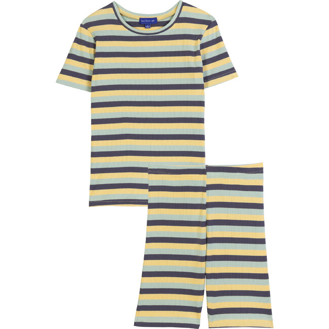 Emerson Short Sleeve Pajama Set, Blue Red & Cream Stripe - Pajamas - 1