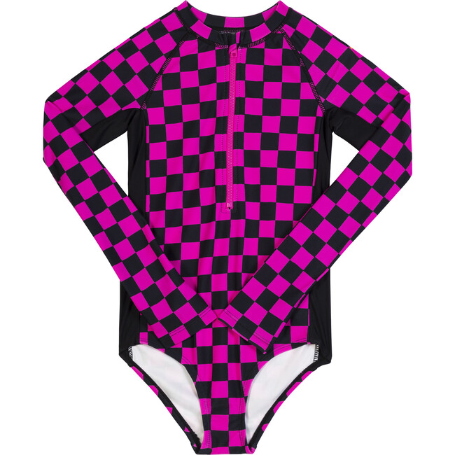 Marina Rash Guard Swim Suit, Neon Pink Checker - Rash Guards - 1