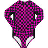 Marina Rash Guard Swim Suit, Neon Pink Checker - Rash Guards - 1 - thumbnail