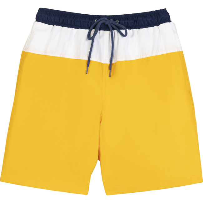Men's Hunter Color Block Swim Trunk, Blue Yellow & White - Swim Trunks - 1