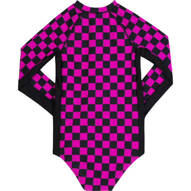 Marina Rash Guard Swim Suit, Neon Pink Checker - Rash Guards - 3