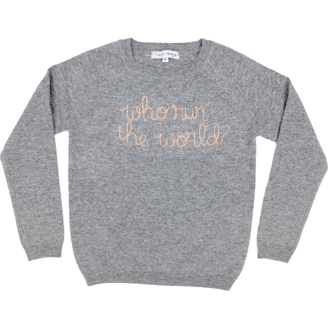 Grey Crewneck, Peach Embroidered "who run the world?" - Sweaters - 1