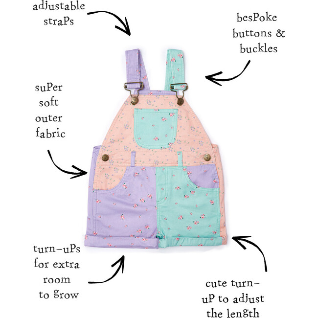 Floral Denim Overall Shorts, Patchwork - Overalls - 3