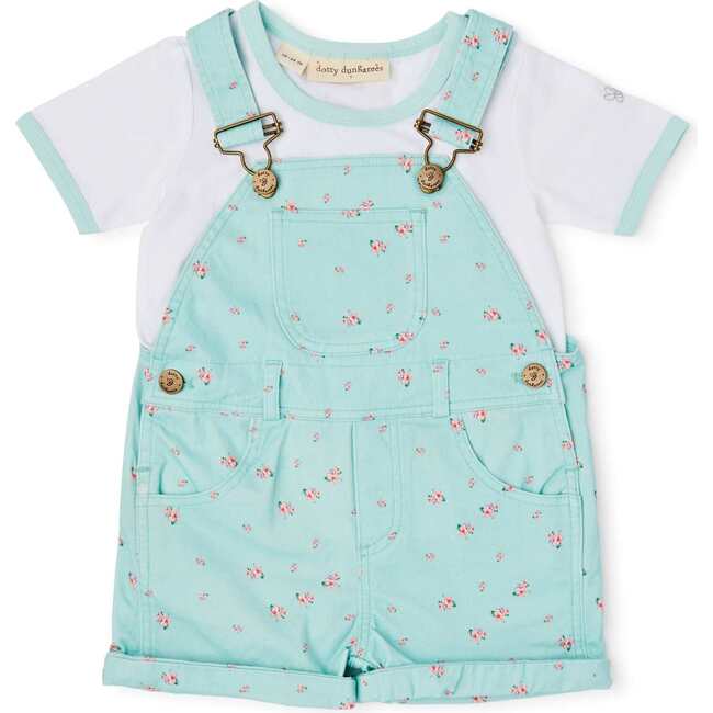 Floral Overall Shorts, Mint - Overalls - 3