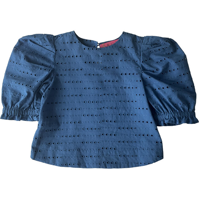 Little Girl Puff Sleeve Top, Blue Eyelet - Shirts - 1