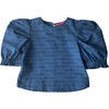 Little Girl Puff Sleeve Top, Blue Eyelet - Shirts - 1 - thumbnail