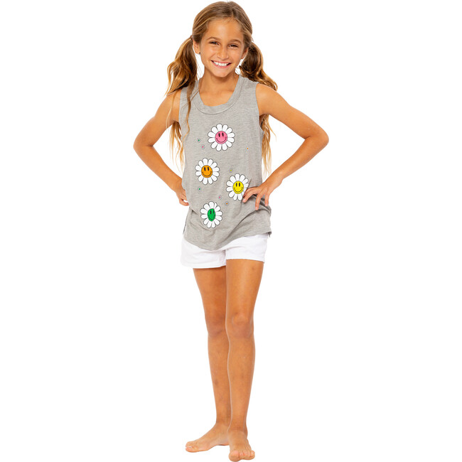 Sleeveless Muscle Tee, Heather Grey Scattered Flower