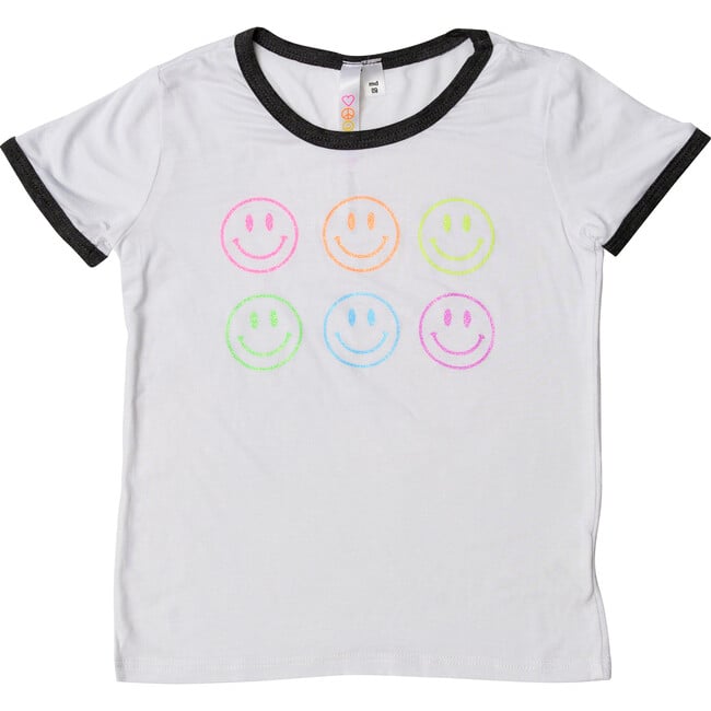 Neon Smiley Faces Ringer Tee, White & Charcoal