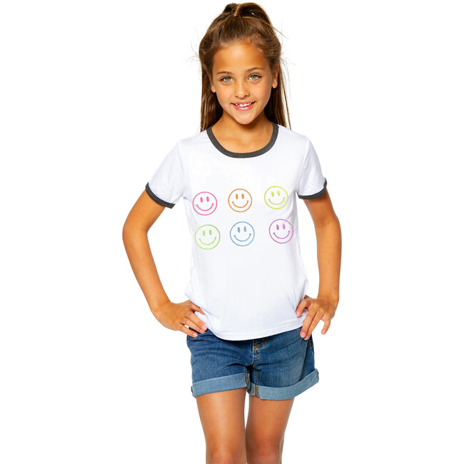 Neon Smiley Faces Ringer Tee, White & Charcoal