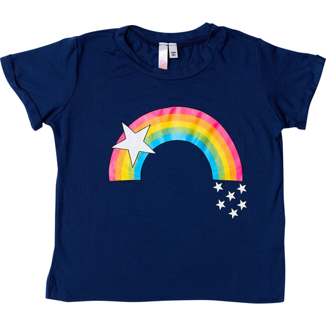Rainbow Stars Short Sleeve Crop Tee, Navy - T-Shirts - 1
