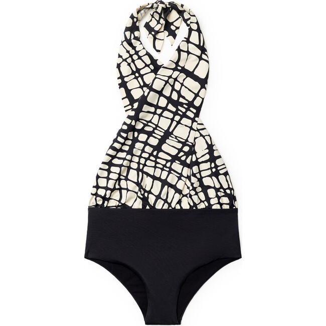 Mod Wrap Bathing Suit, Cream with Black lines - One Pieces - 1