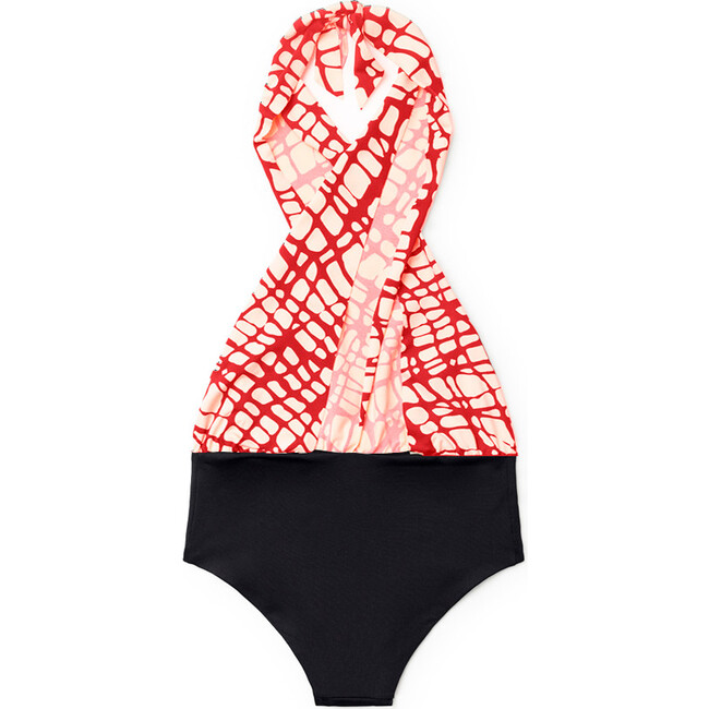Mod Wrap Bathing Suit, Cream with Red lines