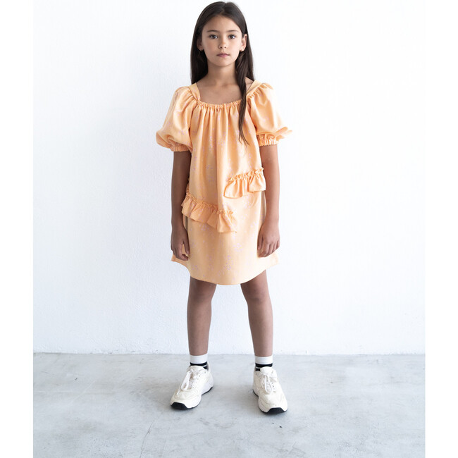 Jacquard Puff-Sleeve Dress, Orange
