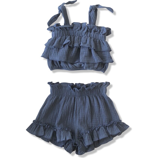 Crinkled Twin Shorts Set, Blue - Mixed Apparel Set - 1