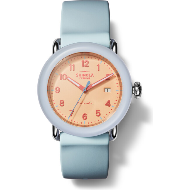 The Detrola 38MM Watch, Powder Blue Silicone Strap