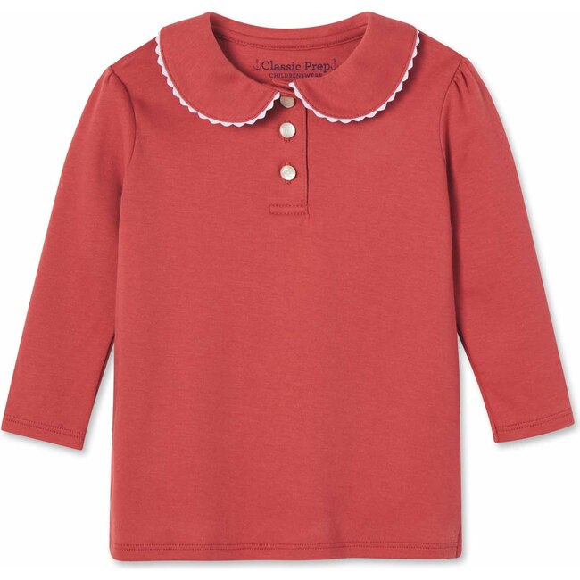Long Sleeve Sarah Polo, Mineral Red With White Ric Rac - Shirts - 1